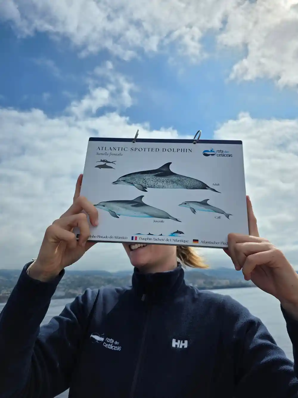 a guide holding up an Atlantic spotted dolphin identification card on board