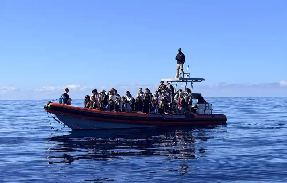 a spotter standing on the boat s upper platform above a full complement of seated guests